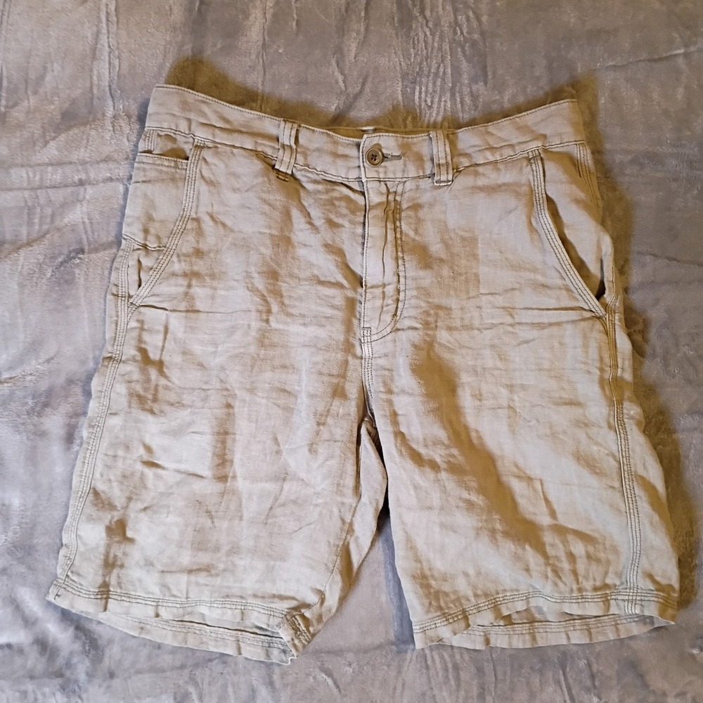 John Varvatos USA Mens 100% Linen Shorts Khaki Beige Size 30 Flat Front Casual